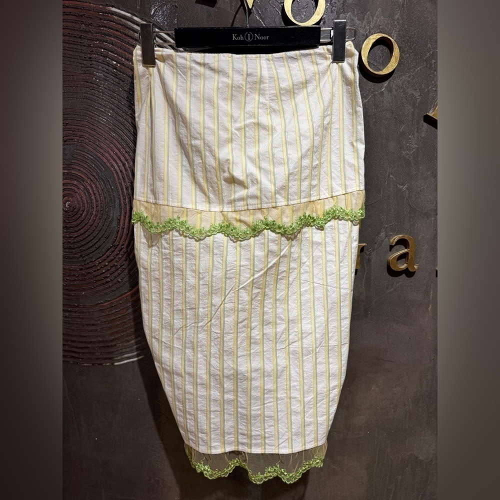 Striped midi skirt yellow & white green lace trim corset style tie vintage S